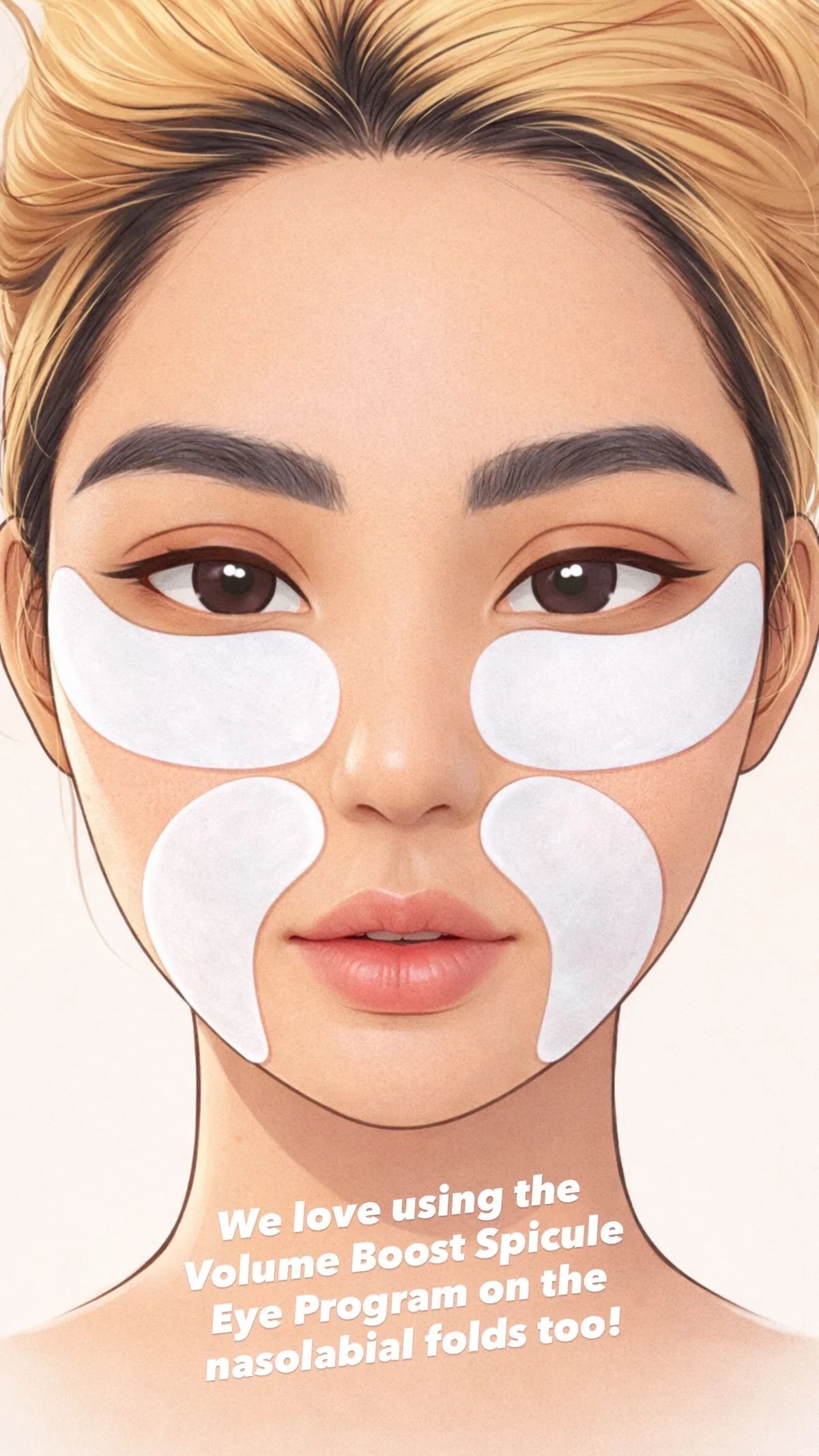 Woman wearing eye masks with text about using a Volume Boost Spicule Eye Program.