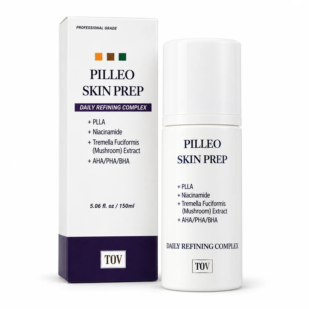 TOV Pileo Skin Prep Daily Refining Complex shown with its white and dark purple packaging box and matching cylindrical bottle on a clean white background.