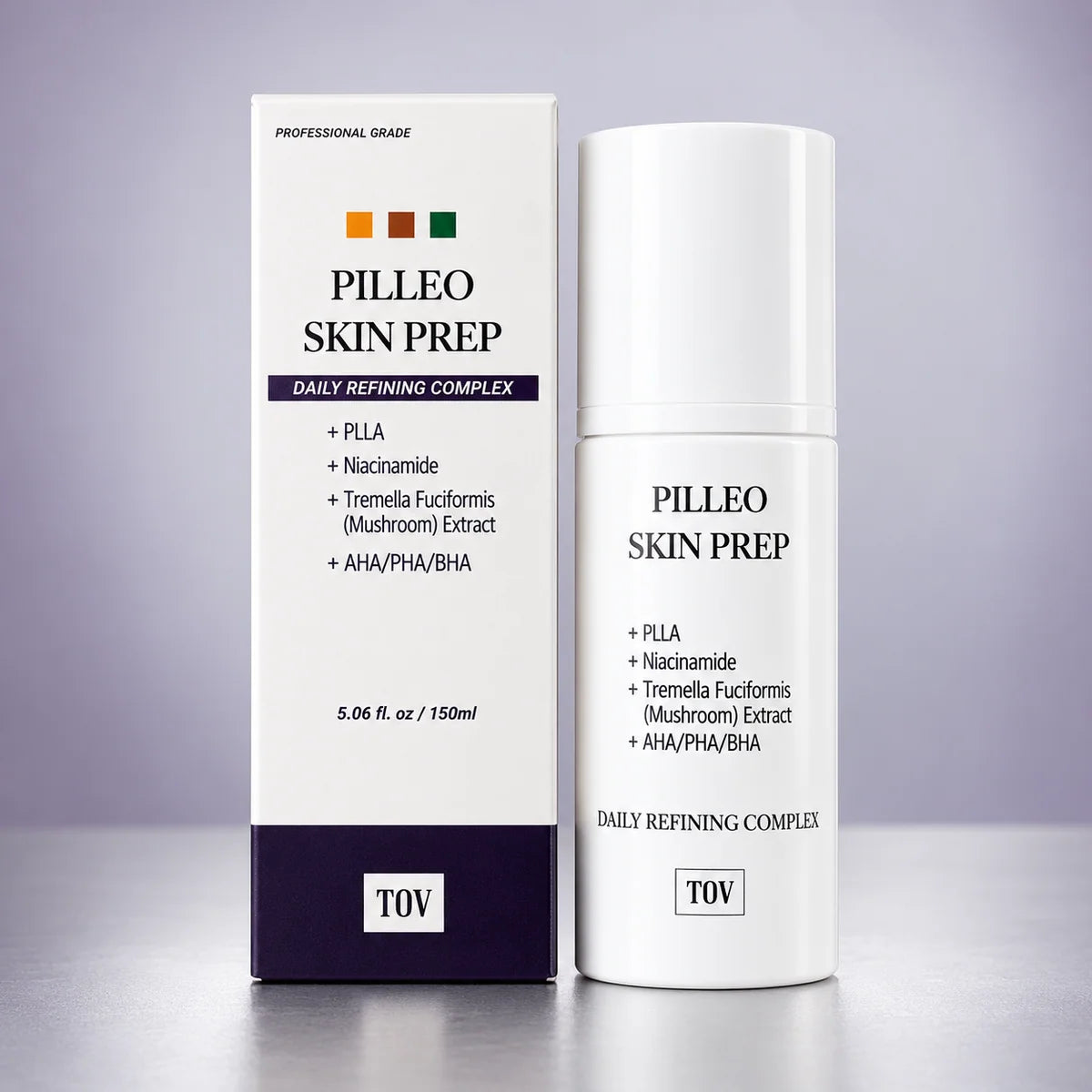 TOV Pilleo Skin Prep Daily Refining Complex shown as a white pump bottle next to its white and dark purple packaging box on a reflective gray surface against a purple gradient background.