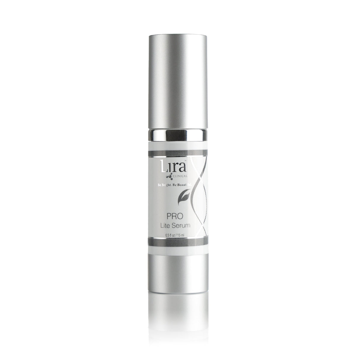 A silver cosmetic bottle of Lura of Paris Pro Lite Serum on a clean white background with a soft reflection below.