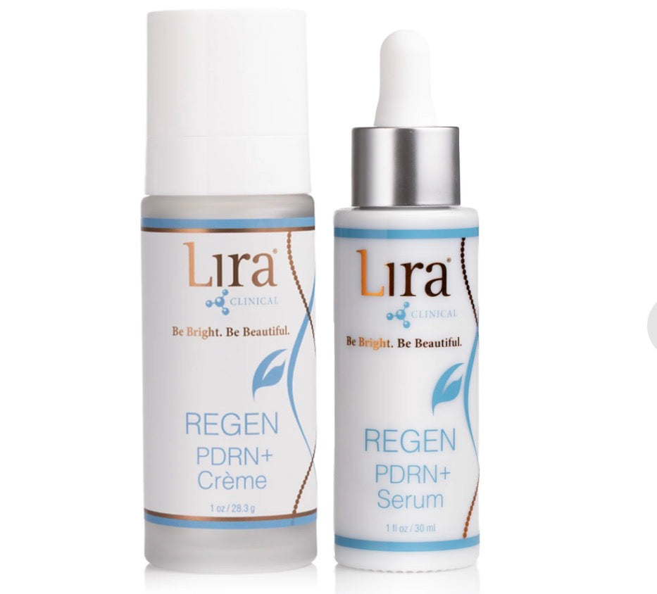 Two skincare bottles from Lira Clinical on a white background: a frosted pump bottle labeled Regen PDRN+ Crème and a white dropper bottle labeled Regen PDRN+ Serum with a silver collar.