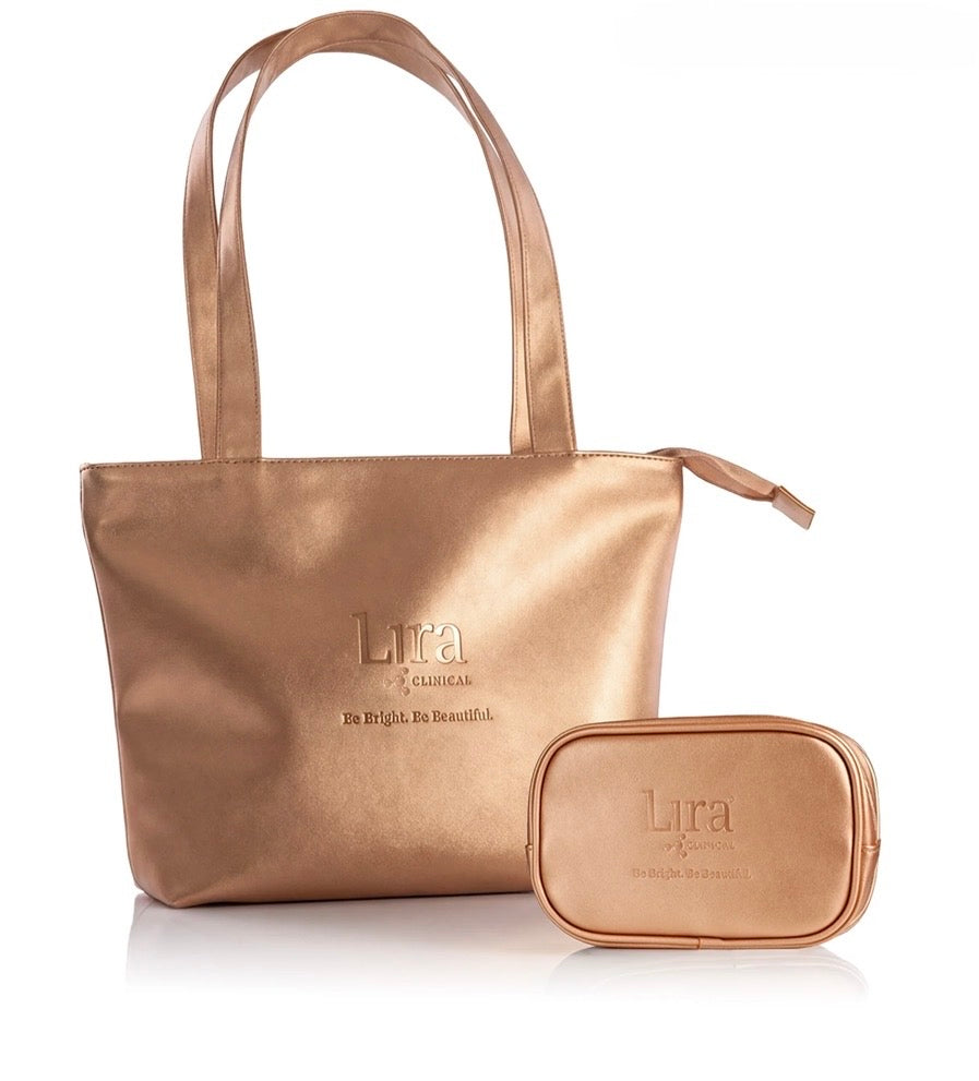 A metallic rose gold tote bag with matching zippered pouch, both embossed with the brand name 'Lira'.