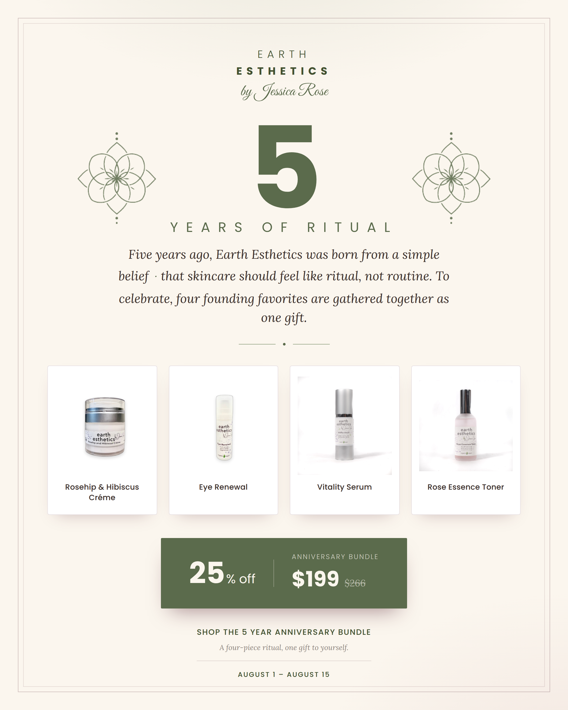 A promotional graphic for Earth Esthetics by Jessica Rose celebrating 5 Years of Ritual, featuring four skincare products: Rosehip & Hibiscus Crème, Eye Renewal, Vitinity Serum, and Rose Essence Toner, with a 25% off $199 Anniversary Bundle offer.