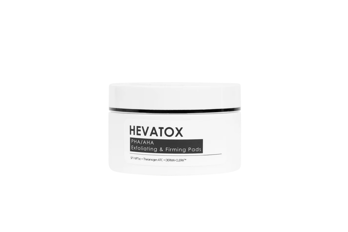 Front view of the Hevatox PHA/AHA Exfoliating & Firming Pads jar on a plain white background.
